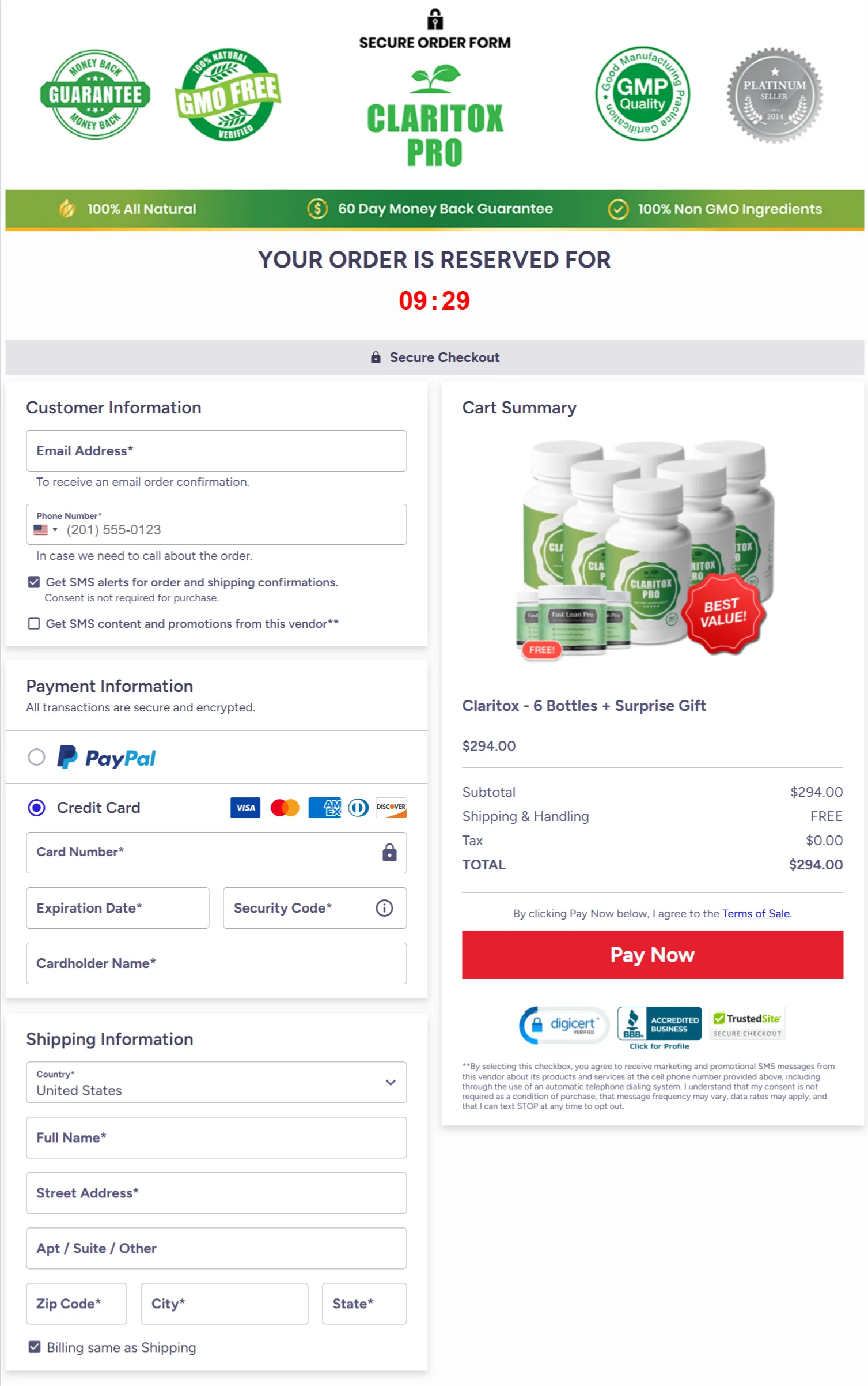 Claritox Pro checkout page